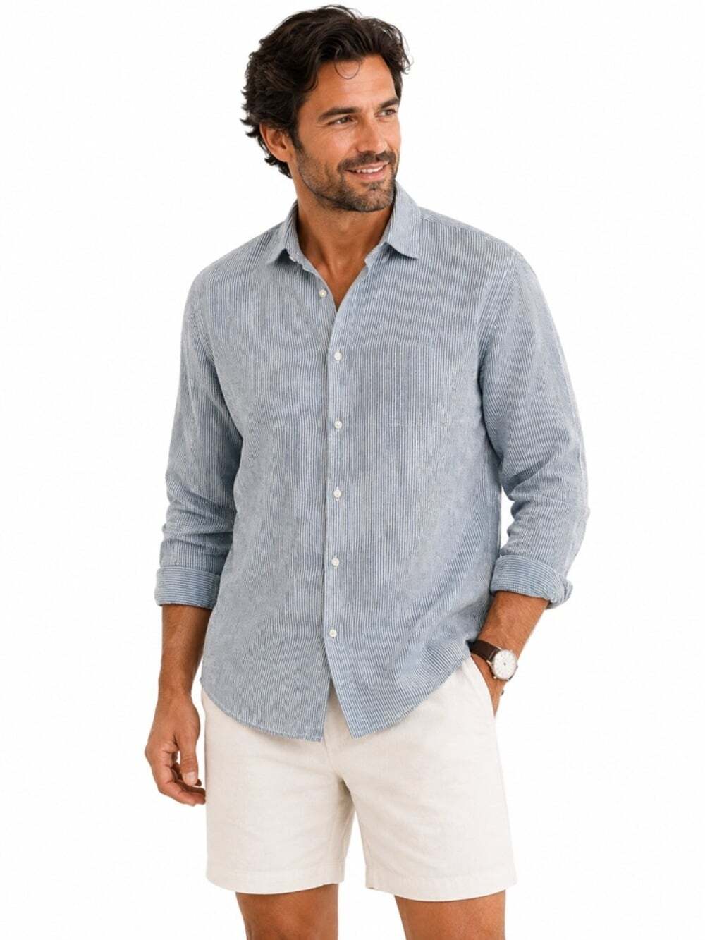 Joseph Abboud Linen Blend Striped Button Down Shirt XXXL Modern Fit Indigo Blue